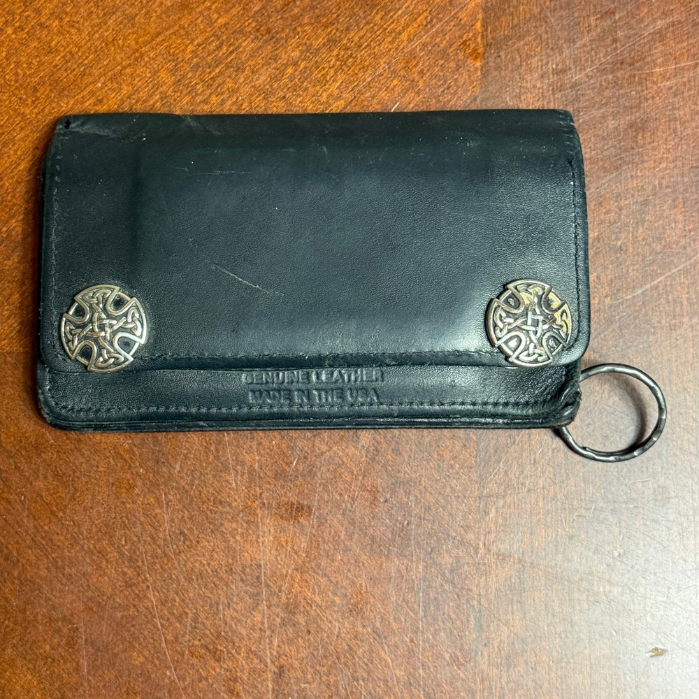 Mens Black Genuine Leather Biker Wallet Celtic Knot Conchos Made in USA